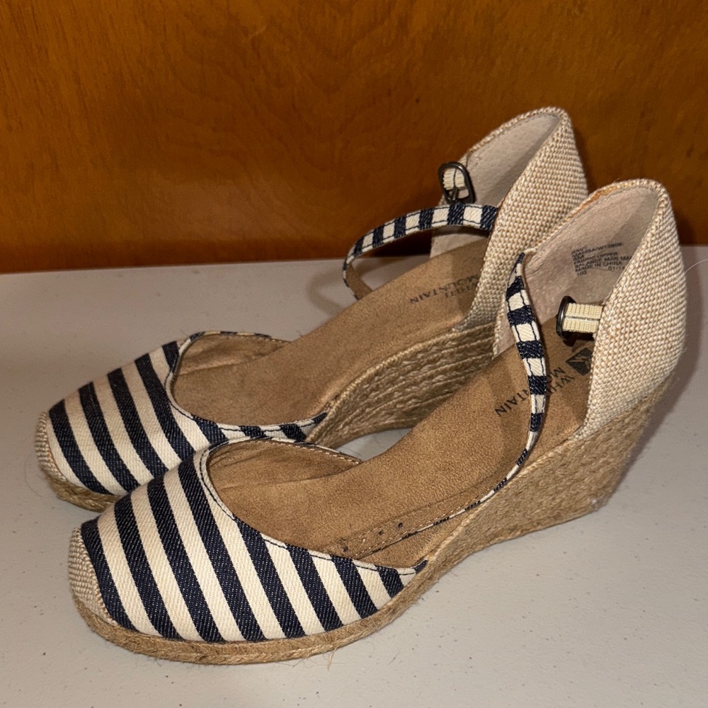 White Mountain Navy and White Striped Espadrille Wedges Sandals